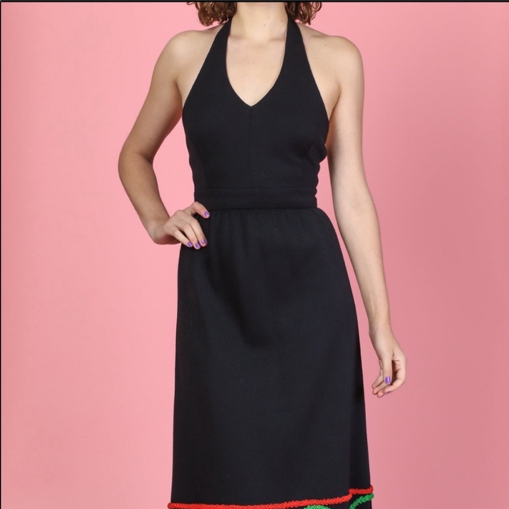 Vintage 70s Halter Neck Black Maxi Dress with Multicolored Striped Ruffled Trim - Picture 3 of 9